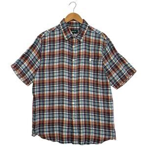 Orvis Shirt Mens Medium Blue Plaid Linen Button Up Casual Beach Summer Classic